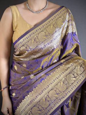 Purple soft silk blend zari banarasi saree with unstitched blouse piece 4