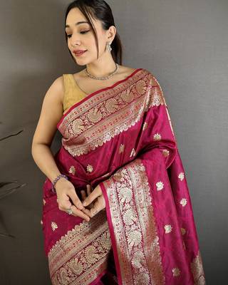 Rani soft silk blend zari banarasi saree with unstitched blouse piece 3