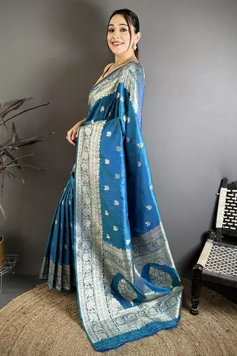 Teal soft silk blend zari banarasi saree with unstitched blouse piece
