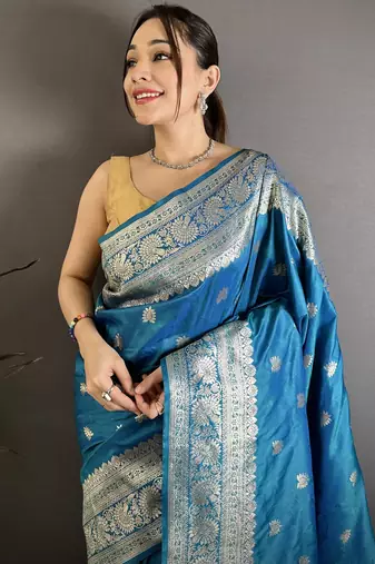 Teal soft silk blend zari banarasi saree with unstitched blouse piece