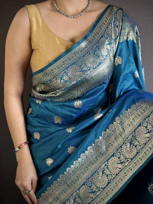 Teal soft silk blend zari banarasi saree with unstitched blouse piece 4