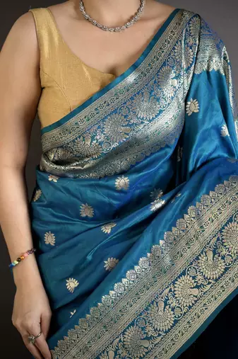 Teal soft silk blend zari banarasi saree with unstitched blouse piece