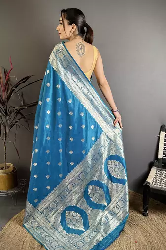 Teal soft silk blend zari banarasi saree with unstitched blouse piece