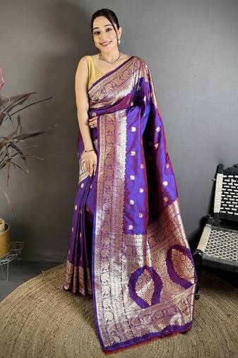 Violet soft silk zari banarasi saree with unstitched blouse piece