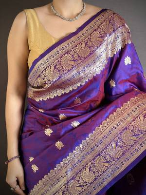 Violet soft silk blend zari banarasi saree with unstitched blouse piece 4