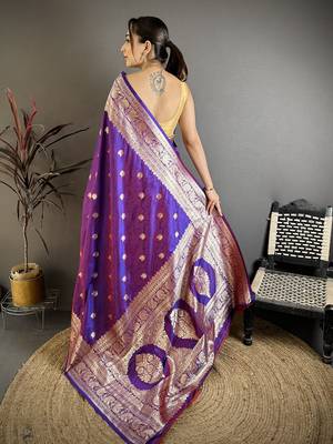 Violet soft silk blend zari banarasi saree with unstitched blouse piece 5