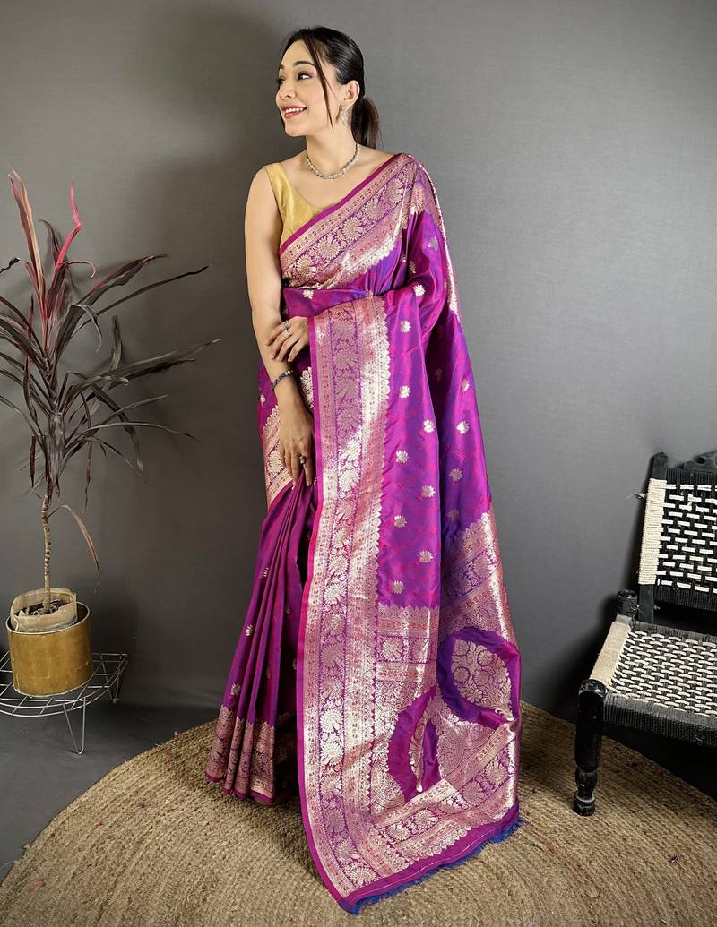 Wine soft silk zari banarasi saree with unstitched blouse piece