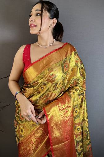 Gold kanjeevaram silk zari woven saree with unstitched blouse piece