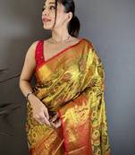 Gold kanjeevaram silk zari woven saree with unstitched blouse piece