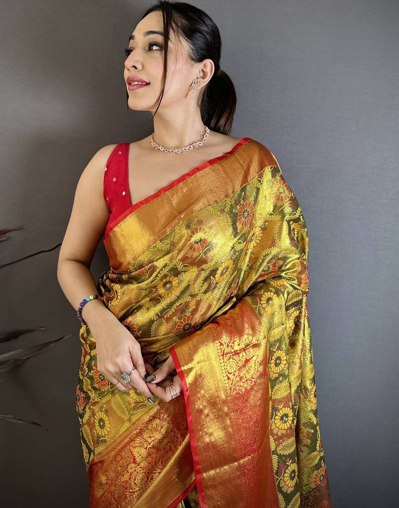 Gold kanjeevaram silk zari woven saree with unstitched blouse piece