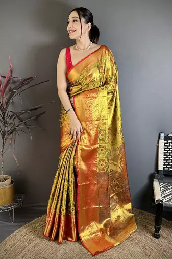 Gold kanjeevaram silk blend zari woven saree with unstitched blouse piece