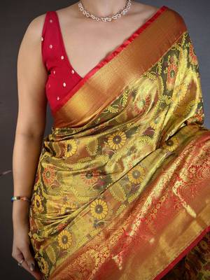 Gold kanjeevaram silk blend zari woven saree with unstitched blouse piece 4