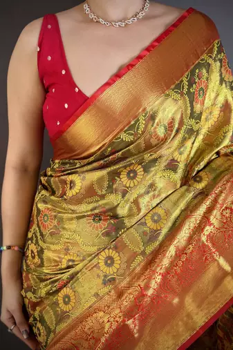 Gold kanjeevaram silk blend zari woven saree with unstitched blouse piece