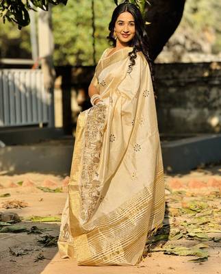 Cream tussar silk blend embroidered zari woven saree with unstitched blouse piece 3