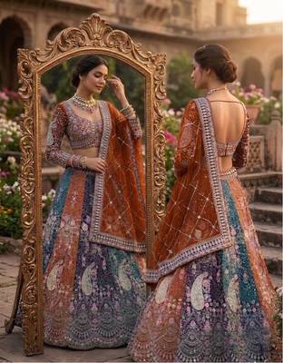 ORANGE BUTTERFLY NET PARTY WEAR EMBROIDERY LEHENGA CHOLI 2