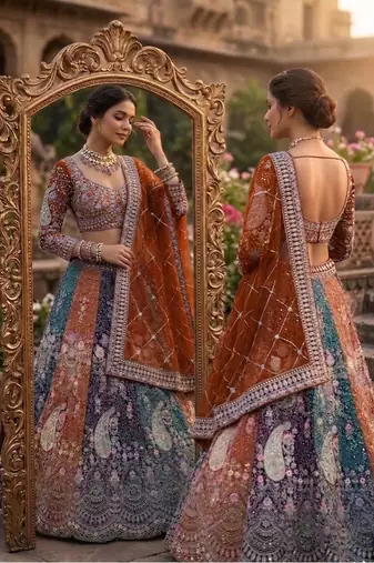 ORANGE BUTTERFLY NET PARTY WEAR EMBROIDERY LEHENGA CHOLI