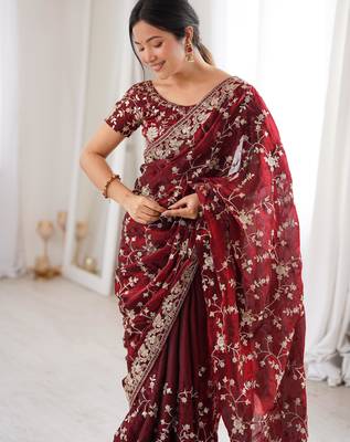 Maroon tissue embridered saree with unstitched blouse piece 1