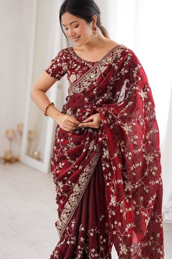 Maroon tissue embridered saree with unstitched blouse piece