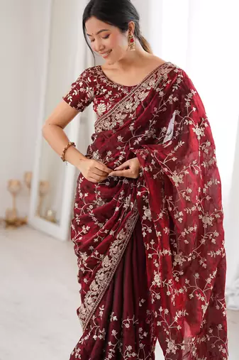 Maroon tissue embridered saree with unstitched blouse piece