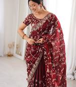 Maroon tissue embridered saree with unstitched blouse piece
