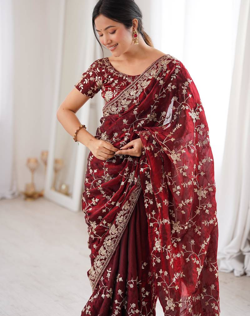 Maroon tissue embridered saree with unstitched blouse piece