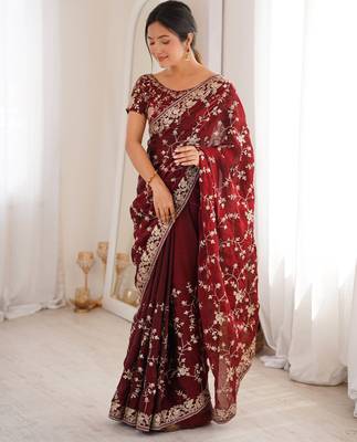 Maroon tissue embridered saree with unstitched blouse piece 2