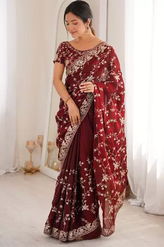 Maroon tissue embridered saree with unstitched blouse piece