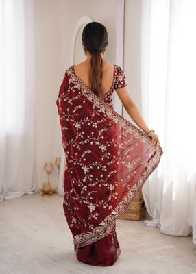 Maroon tissue embridered saree with unstitched blouse piece 3
