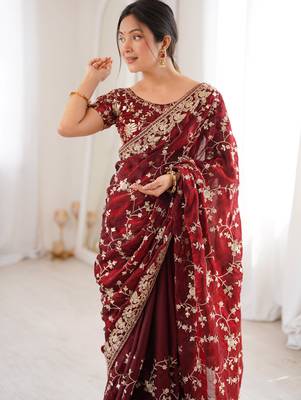 Maroon tissue embridered saree with unstitched blouse piece 4