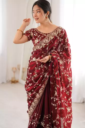 Maroon tissue embridered saree with unstitched blouse piece