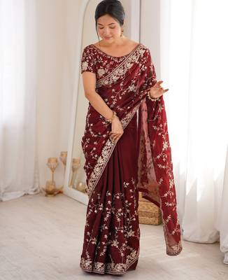 Maroon tissue embridered saree with unstitched blouse piece 5