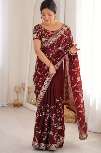 Maroon tissue embridered saree with unstitched blouse piece