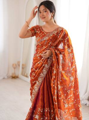 Orange tissue embridered saree with unstitched blouse piece 1