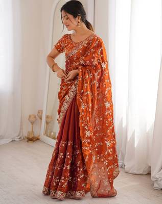 Orange tissue embridered saree with unstitched blouse piece 4