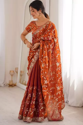 Orange tissue embridered saree with unstitched blouse piece
