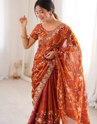 Orange tissue embridered saree with unstitched blouse piece 5