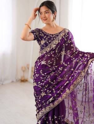 Purple tissue embridered saree with unstitched blouse piece 1