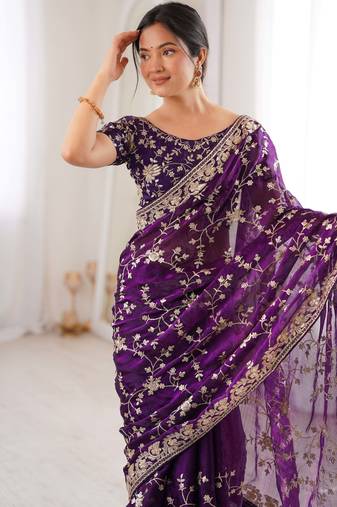 Purple tissue embridered saree with unstitched blouse piece