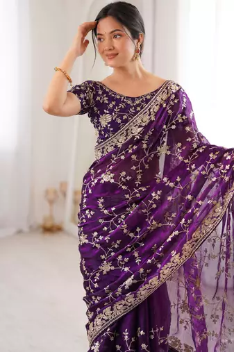 Purple tissue embridered saree with unstitched blouse piece