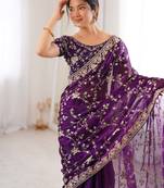 Purple tissue embridered saree with unstitched blouse piece