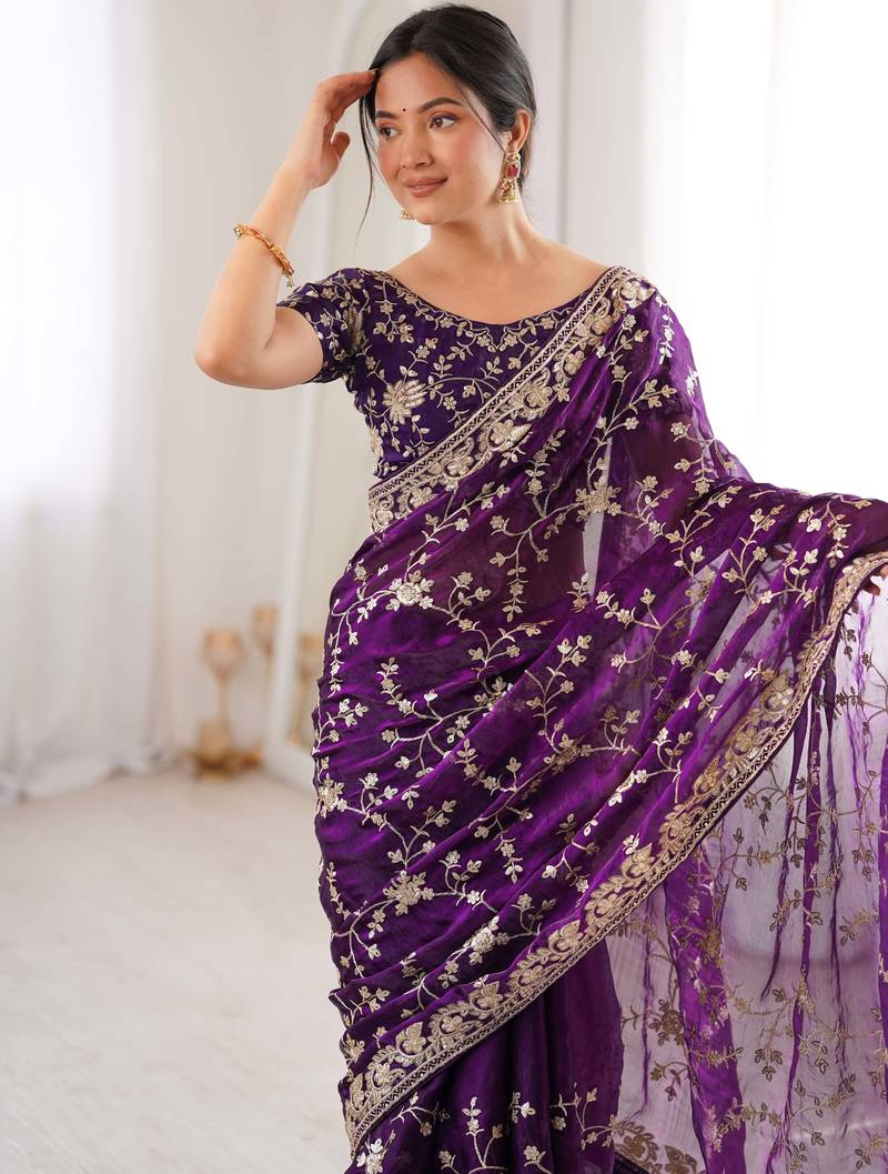 Purple tissue embridered saree with unstitched blouse piece