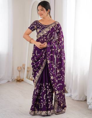 Purple tissue embridered saree with unstitched blouse piece 2
