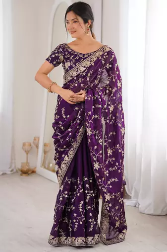 Purple tissue embridered saree with unstitched blouse piece