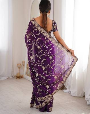 Purple tissue embridered saree with unstitched blouse piece 3