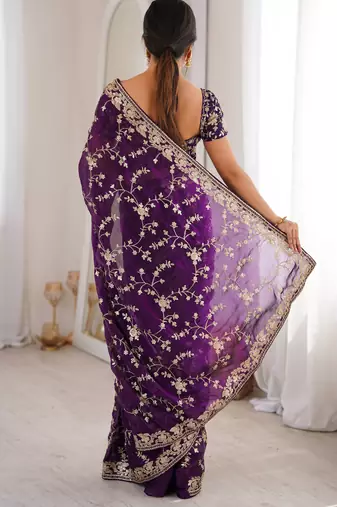 Purple tissue embridered saree with unstitched blouse piece