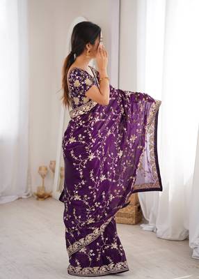 Purple tissue embridered saree with unstitched blouse piece 4