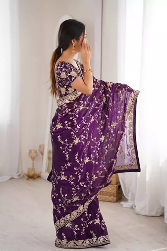 Purple tissue embridered saree with unstitched blouse piece
