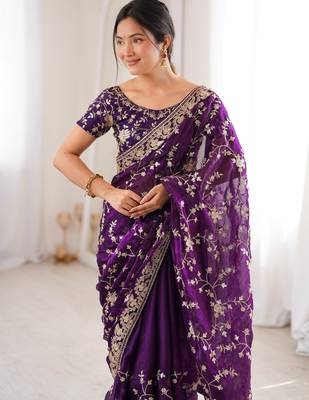 Purple tissue embridered saree with unstitched blouse piece 5