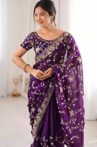 Purple tissue embridered saree with unstitched blouse piece