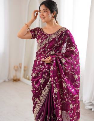 Wine tissue embridered saree with unstitched blouse piece 1